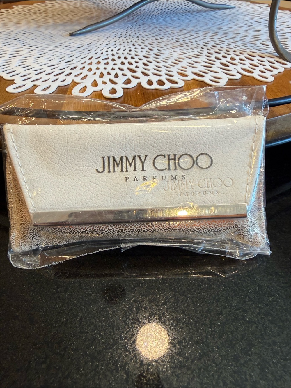 Jimmy Choo White Leather  Holder with Metallic Silver Accent parfume New i